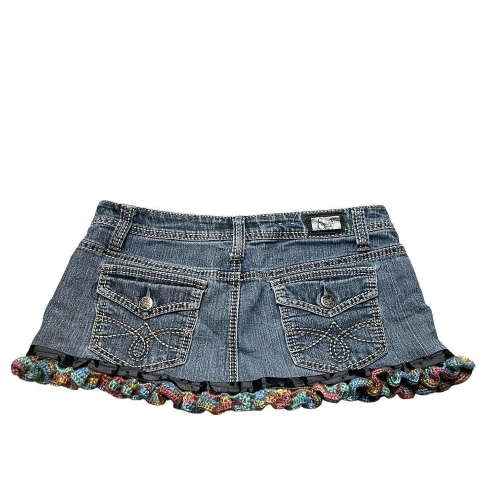 reworked/upcycled blue denim mini skirt with multicolored crochet trim